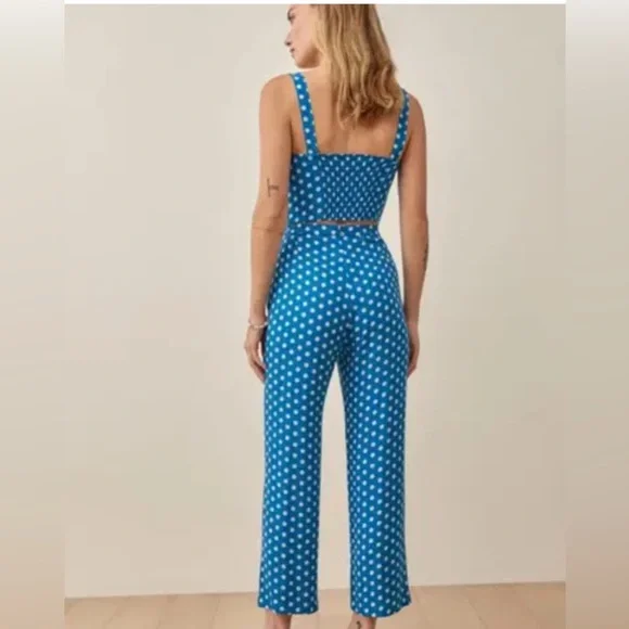 Reformation River Floral Two Piece Crop Top Pant Set Blue White Size 12